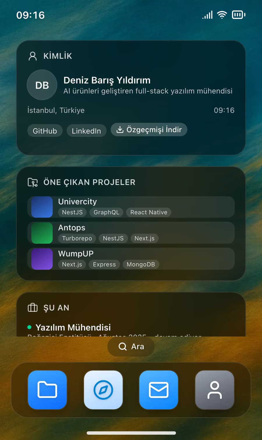 Telefon kabuğu: durum çubuğu, widget şeridi, arama hapı ve Dock