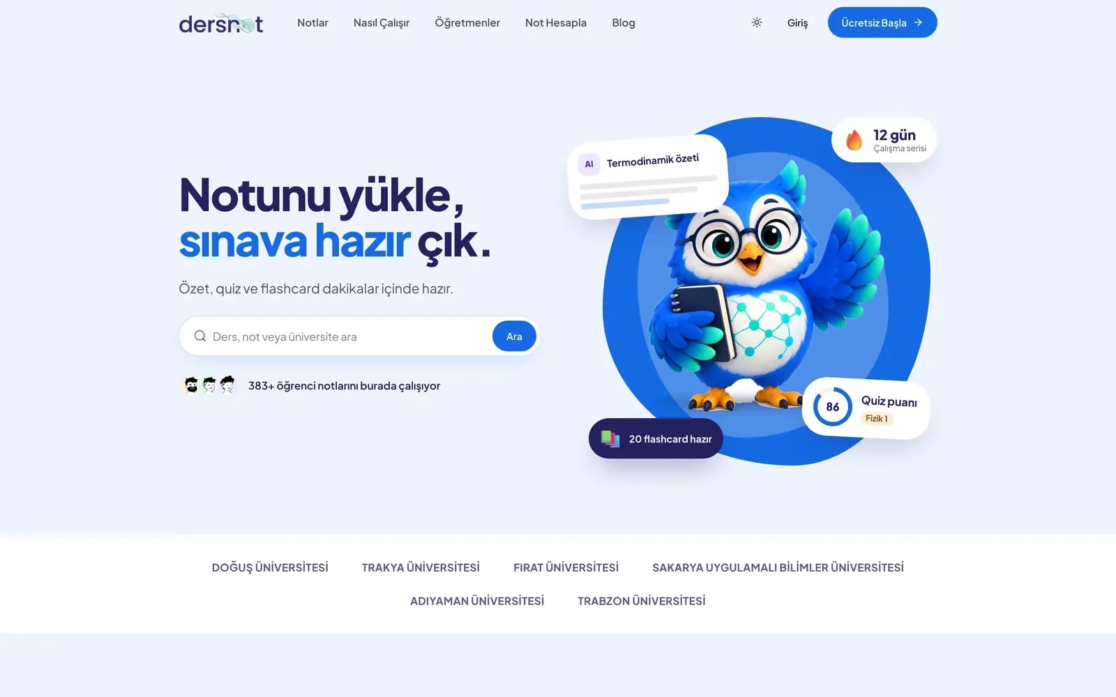 dersnot ana sayfa ekran görüntüsü